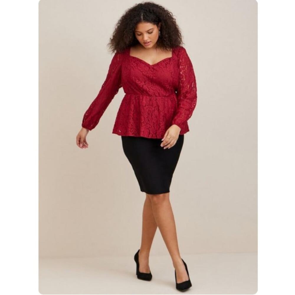 Torrid lace puff sleeve peplum blouse wine tasting maroon red size 4 plus 4X - Picture 4 of 14